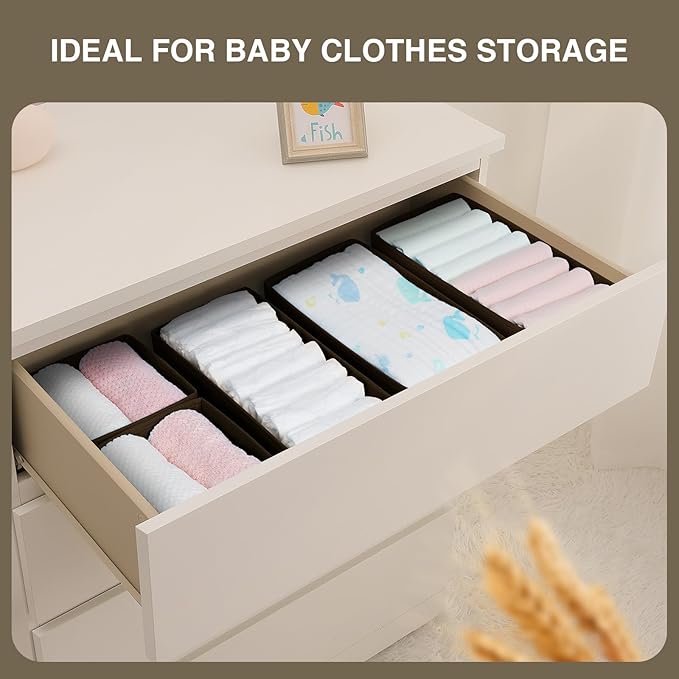 DIMJ Drawer Organizer Clothes, Underwear Drawer Organizer, Set of 4 Foldable Closet Drawer Bins, Fabric Drawer Dividers for Baby Clothes, Socks, Belt, Tie (Brown)