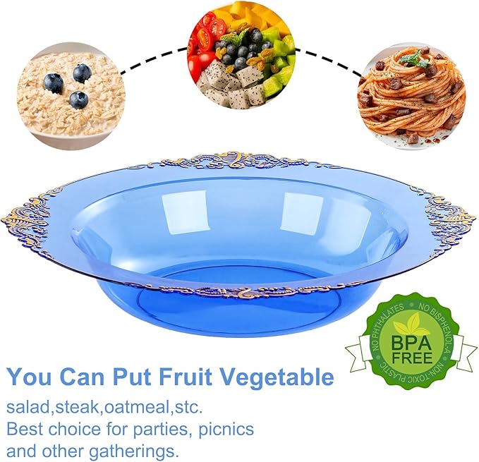 Nervure 50PCS Blue Plastic Bowls with Gold Rim - 12oz Disposable Soup Bowls, Heavy Duty Salad Dessert Bowl Perfect For Weddings, Father's Day and Everyday Use
