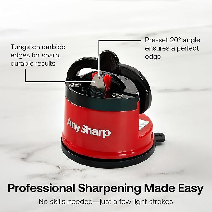 AnySharp – Global – Hands Free Knife Sharpener - Easy to Use Sharpening Tool with PowerGrip Suction Base and 20-Degree Pre-Set Angle - for All Knives: Chef's, Serrated, and Hardened Steel - Red