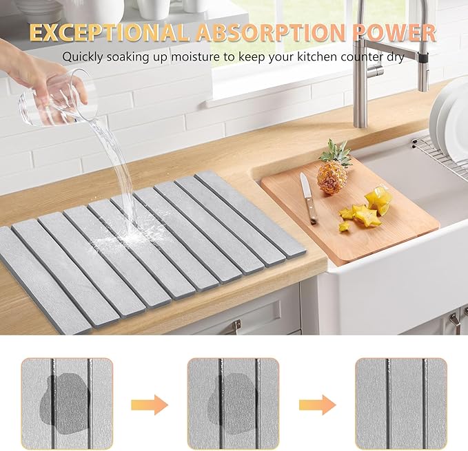 Large Stone Dish Drying Mat for Kitchen Counter, 24"×16" – Quick Drying Diatomaceous Earth, Super Absorbent, Non-Slip, Birthday Gfts for Women Mom Grandma