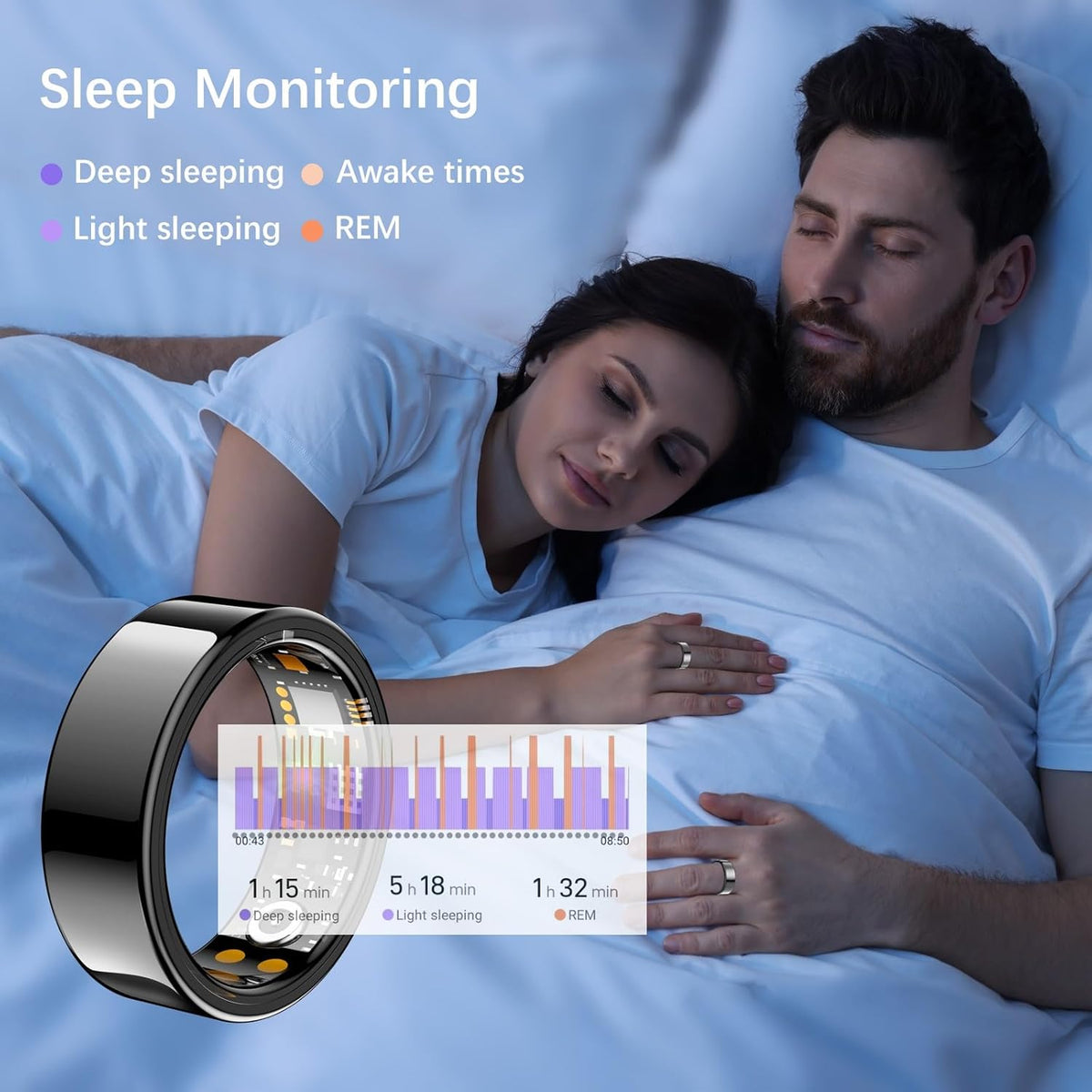Ring Health Tracker for Women Men, Fit Ring with Heart Rate, Blood Oxygen, Sleep Monitor, Calories, Step Counter, IP68 Waterproof Smart Ring for iPhone & Android, No Subscription Fee (Black, 9#)