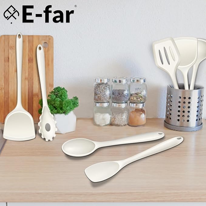 E-far 10 Pieces Silicone Cooking Utensils Set, Heat Resistant Kitchen Utensil Set for Nonstick Cookware, Kitchen Cooking Tools with Spatula, Spoon, Slotted Turner, Non-Toxic & Dishwasher Safe (White)