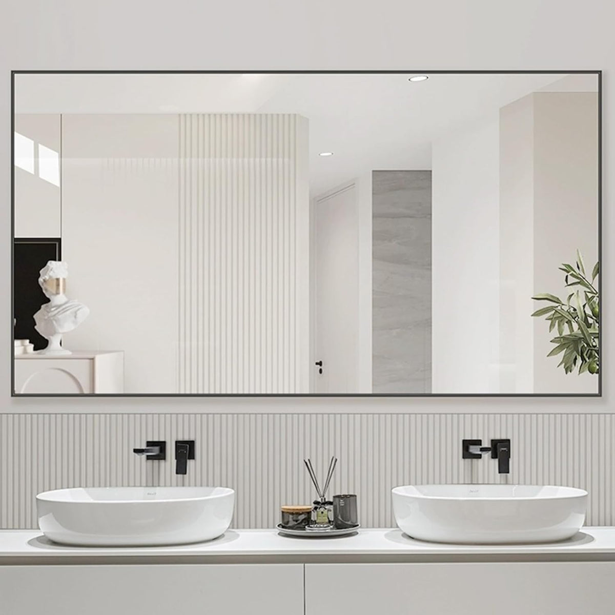 55x36 Inch Black Bathroom Mirror for Wall, Aluminum Frame Rectangle Rectangular Vanity Mirror, Modern Large for Bedroom, Living Room, Horizontal or Vertical
