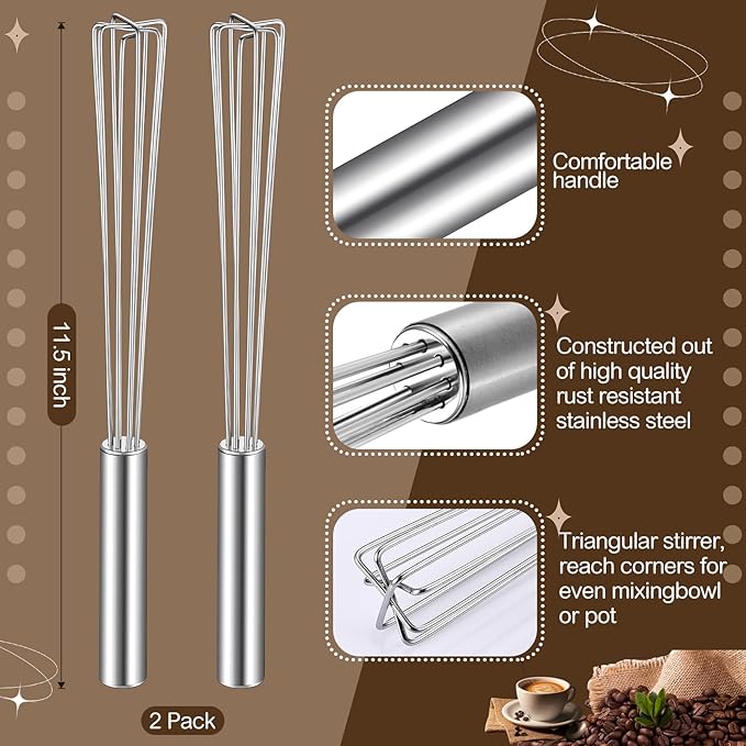 Baderke 2 Pack Espresso Whisk Tool 10.6" Long Handle Mini Whisk for Coffee Stirring Stainless Steel Silver Triangular Design Fit Coffee Chocolate Milk, Mixing Tool for Commercial Home Use