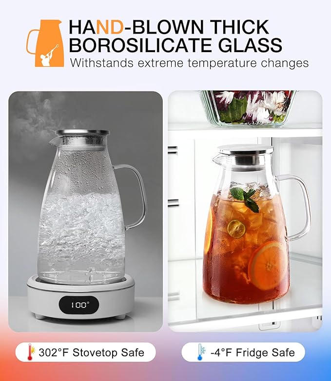 Glass Pitcher with Lid, 3 Liter 100oz Water Pitcher with Handle and Spout for Fridge, Borosilicate Glass for Iced Tea, Juice, Sangria, Cold/Hot Beverage, Large Jug