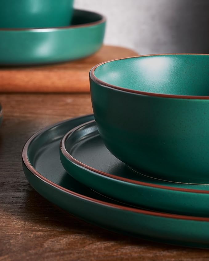 Famiware Mercury Plates and Bowls Sets, 12 Pieces Stoneware Dinnerware Sets, Dishes Set for 4, Microwave and Dishwasher Safe, Dark Green