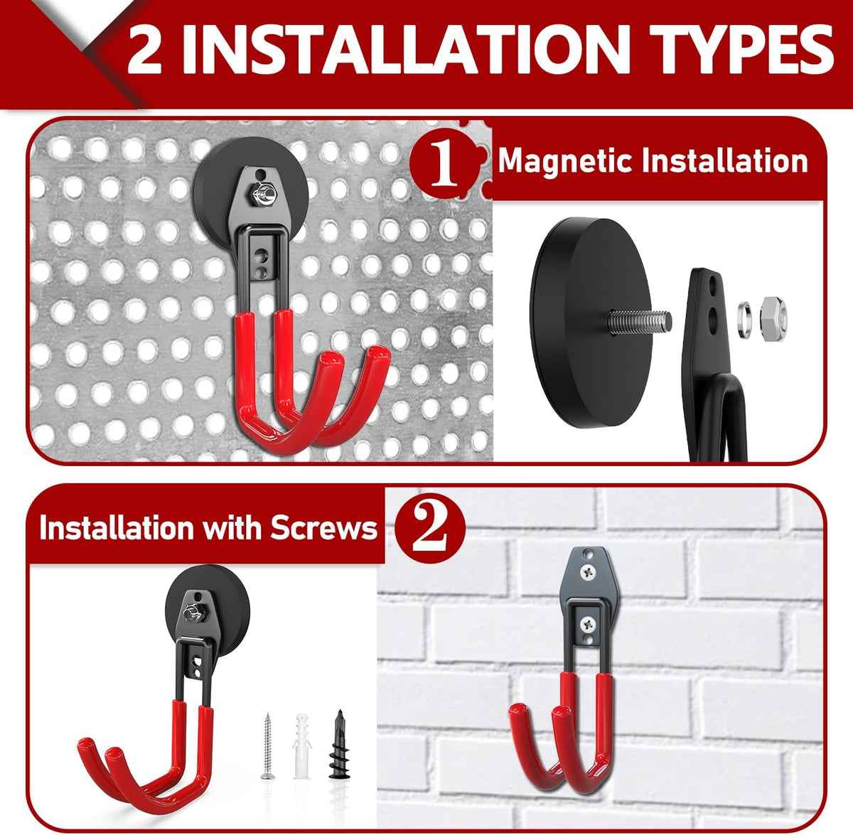 3-H Heavy Duty Magnet Garage Hooks 2 Pack, J Shape Strong Magnetic Hooks for Hanging Cordless Power Drill, Utility Magnetic Tool Holder for Metal Cabinet, Steel Pegboard, Toolbox, Garage(Red)