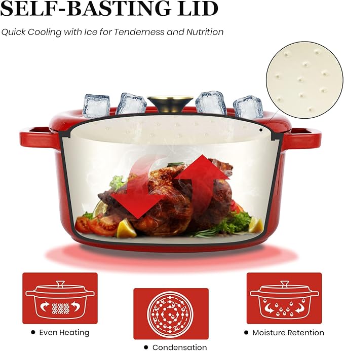 Overmont Enameled Cast Iron Dutch Oven - 5QT Pot with Lid Cookbook & Cotton Potholders - Heavy-Duty Cookware for Braising, Stews, Roasting, Sourdough Baking red