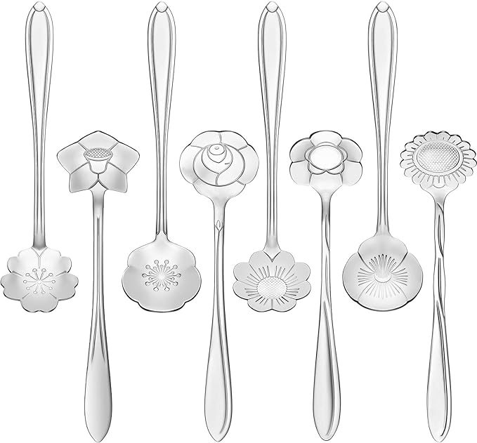 Chengu 8 Pieces Flower Coffee Tea Spoons Stainless Steel Sugar Spoons Tea Party Flower Fancy Tableware Set Stir Bar Creative Stirring Teaspoon, 8 Different Patterns(Silver)