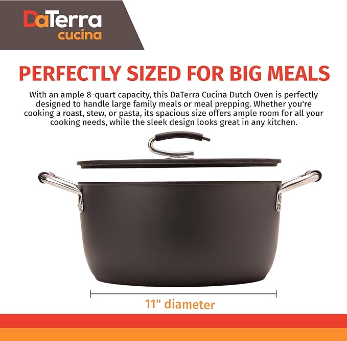 DaTerra Cucina – 8 Qt Nonstick Ceramic Dutch Oven with Lid – Large Oven Safe Stock Pot, Induction Compatible, Lightweight, Lead & PFOA Free, Volcanic Black, Durable Nonstick Cookware – Made in Italy