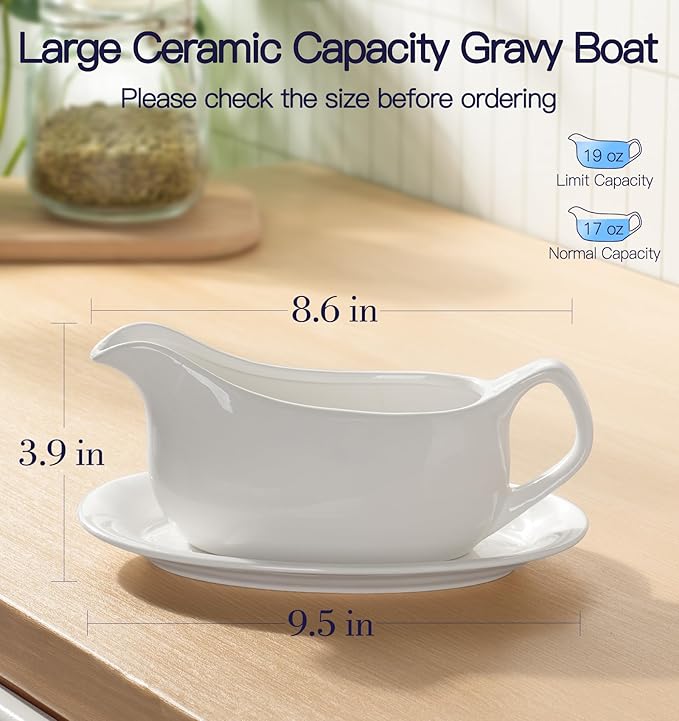 Gravy Boat with Saucer 19 oz,Ceramic Gravy Boats with Tray Set of 2, Gravy Bowl for Turkey,Dispenser with Tray for Sauces,Beef, Salad Dressing, Creamer, Broth,Microwave and Dishwasher Safe Gravy Boats