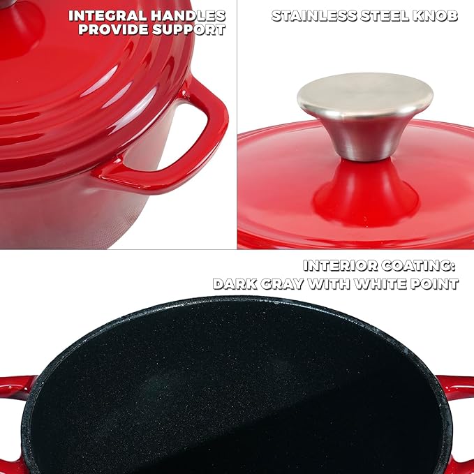 Flavehc Dutch Oven Pot with Lid 1.8 qt Cast Iron Dutch Oven for Bread Baking Red Enameled Cast Iron Rice Pot with Handels