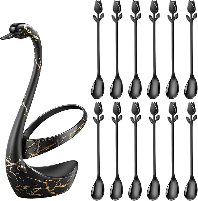 Black Small Coffee Spoon Holder Set,Swan Base With 12 Pcs Demitasse Espresso Spoons Set,6" Mini Tulip/Rose Dessert Spoon,Stainless Steel Tea Spoons