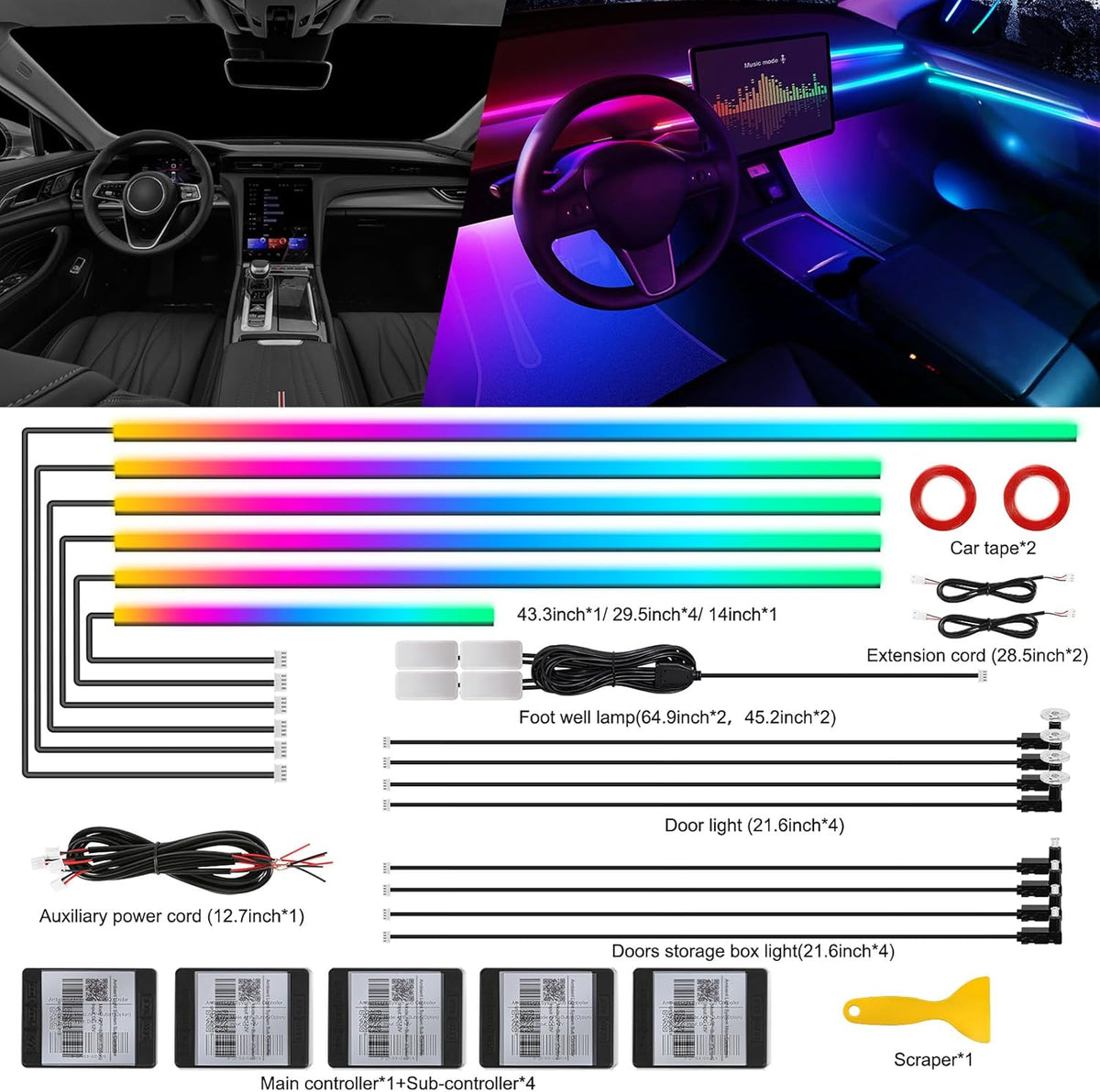Dream+Color Acrylic Interior Car LED Strip Light with Wireless APP, RGB 18 in 1 with 175 inches 593 LEDs Fiber Optic Strip Lights for Car, Dynamic Chasing Music Sync Neon Ambient Lighting Kits