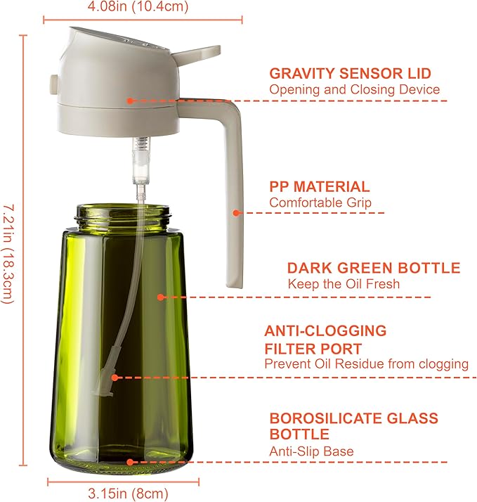 CXINYI - 16oz/470ml Olive Oil Dispenser for Kitchen with Stickers - 2 in 1 Olive Oil Sprayer for Cooking, Air Fryer, and Salad, White (Light-Proof Kitchen Gadget)
