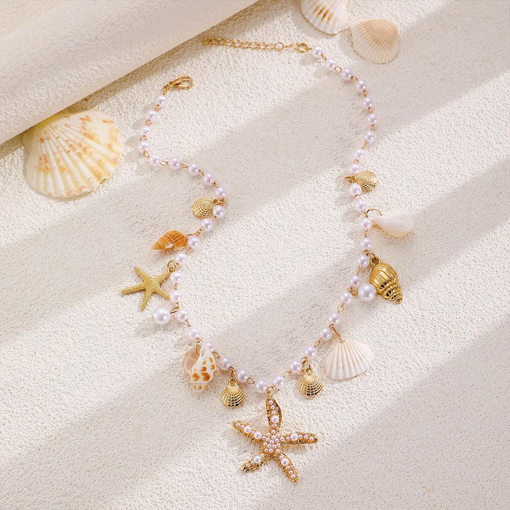 Charming Beachy Sea shell star Starfish Necklace for Women, Dainty Boho Beaded Pearl Seashell Conch Choker Necklaces Cute Beach Holiday Jewelry Accessories (Gold)