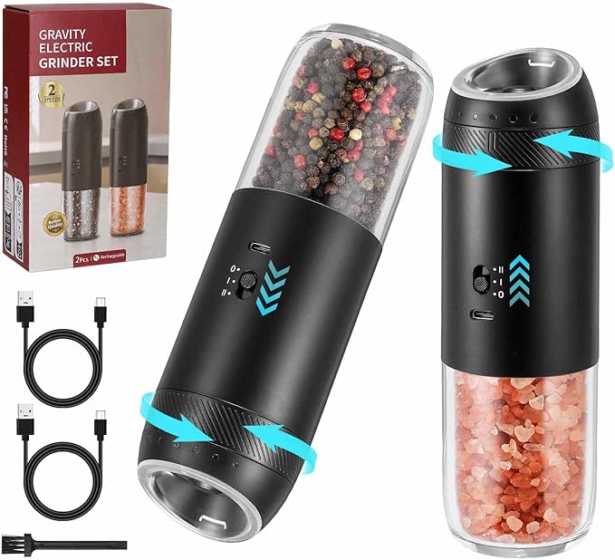 Gravity Electric Salt Grinder Set with Variable Grinding Speed, External Adjustable Coarseness, One Hand Operation, Upgraded Larger Capacity,White LED Light, Black 2 Pcs
