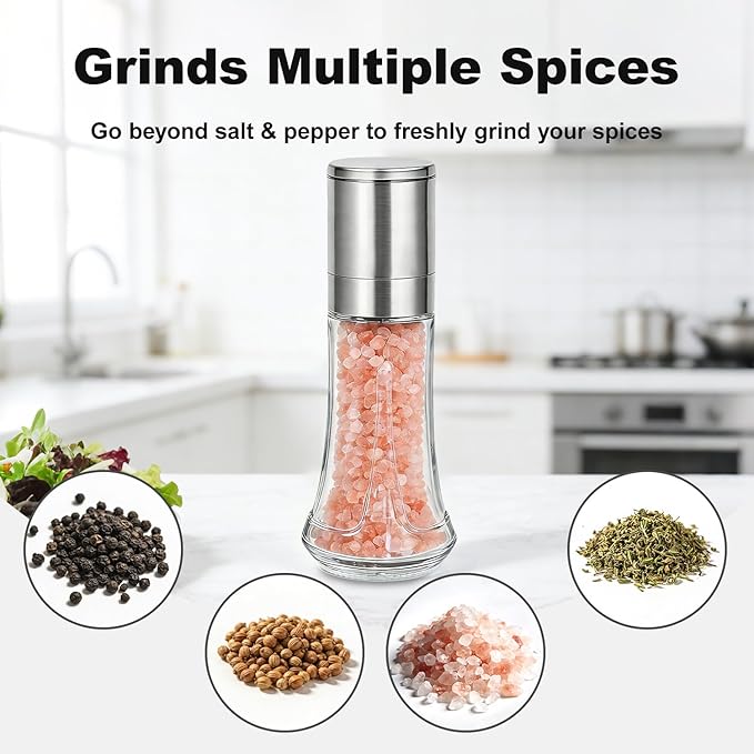 Aelga Salt Grinder with Silicone Funnel - 4oz Glass Manual Mills with Adjustable Ceramic Core, Refillable Kitchen Gadget