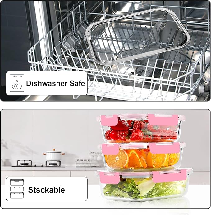 VERONES 10Pack Glass Meal Prep Containers, Airtight Glass Lunch Containers,Stackable Food Storage Containers Set with Lids,Exclusive of BPA, for Microwave,Oven, Freezer&Dishwasher Friendly,Pink