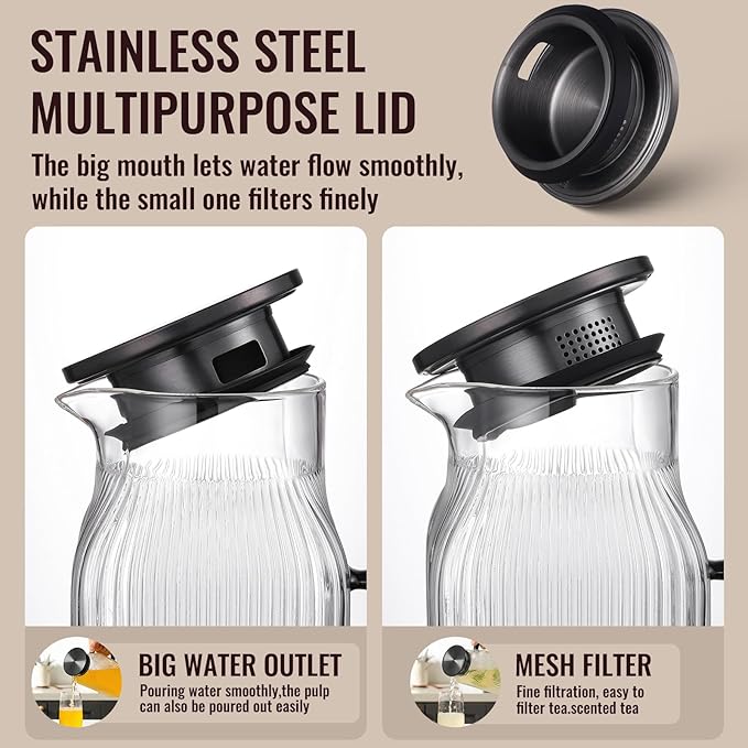 2 Liter/68 oz Square Glass Pitcher with Lid, Classic Stripes Water Pitchers with Handle for Fridge, Large Jug for Iced Tea, Coffee, Borosilicate Glass Carafe for Hot/Cold Brew Drink, Black