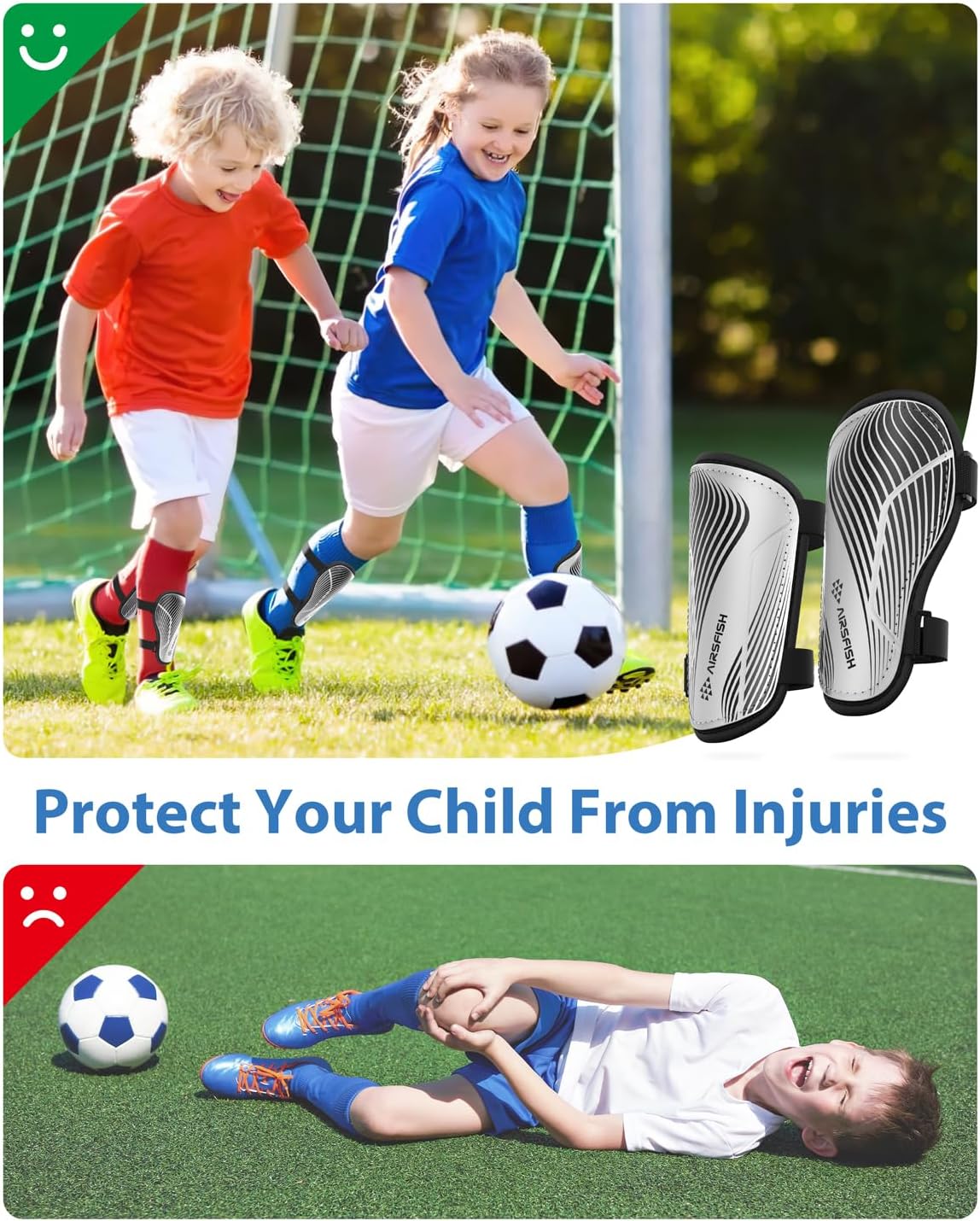 Shin Guards Soccer Kids Youth, CE Certified Airsfish Shin Guard Protection Gear for 2-18 Years Old Boys Girls Teenagers High Impact Resistant Breathable Comfortable 1 Pair 4 Sizes