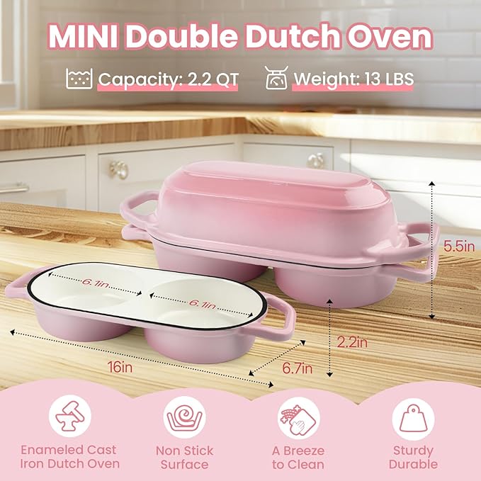 YONILL Mini Double Dutch Oven for Sourdough Bread Baking - Enameled Cast Iron Dutch Oven Pot with Lid and 5" Banneton Bread Proofing Basket Kit, Dual Round Bread Loaf Pan for Homemade Baking (Pink)