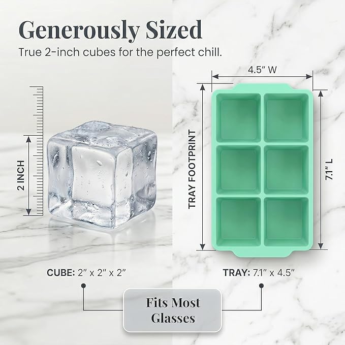 KitchFort Large Silicone Ice Cube Tray (3-Pack), Easy Release 2" Big Ice Cubes - Cocktail, Whiskey Ice Cubes Mold - Ice Trays for Freezer with Lid - Stackable Silicone Ice Tray - Green