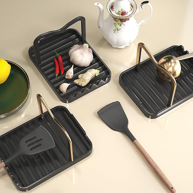 Stainless Steel Pot Lid Holder-Kitchen Organizer & Utensil Storage Rack with Detachable Drain Tray, Non-Slip Anti-Rust Countertop Space Saver for Spoons, Spatulas,Ladles,Tongs (Black Gold)