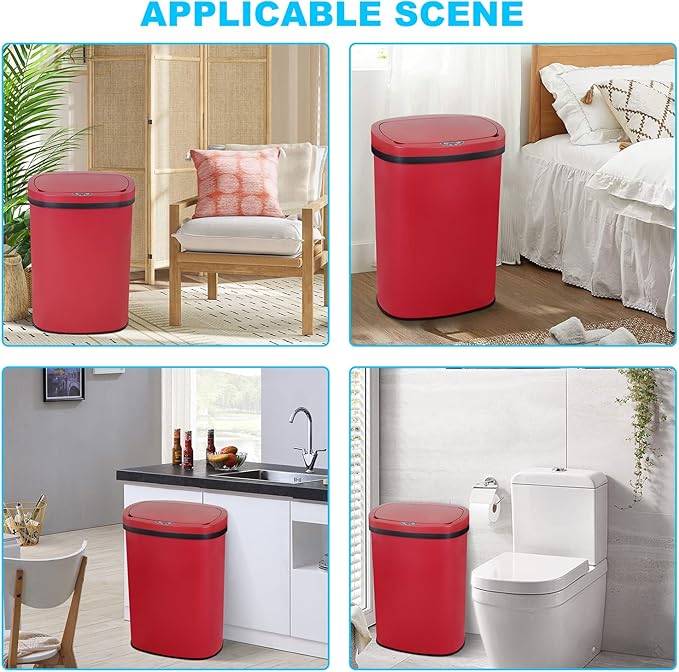 Bigacc 13 Gallon 50L Touch Free Automatic Stainless Steel Trash Can Garbage Can Metal Trash Bin with Lid for Kitchen Living Room Office Bathroom, Electronic Motion Sensor Automatic Trash Can - Red