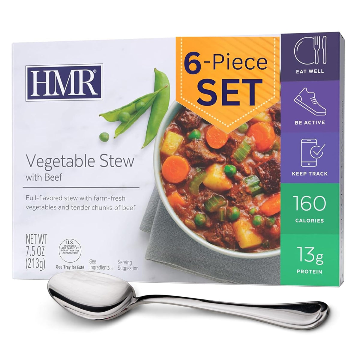 HMR Vegetable Stew with Beef Entrée | Pre-packaged Lunch or Dinner to Support Weight Loss | Ready to Eat | 13g of Protein | Low Calorie Food | 8oz Serving per Meal | Pack of 6