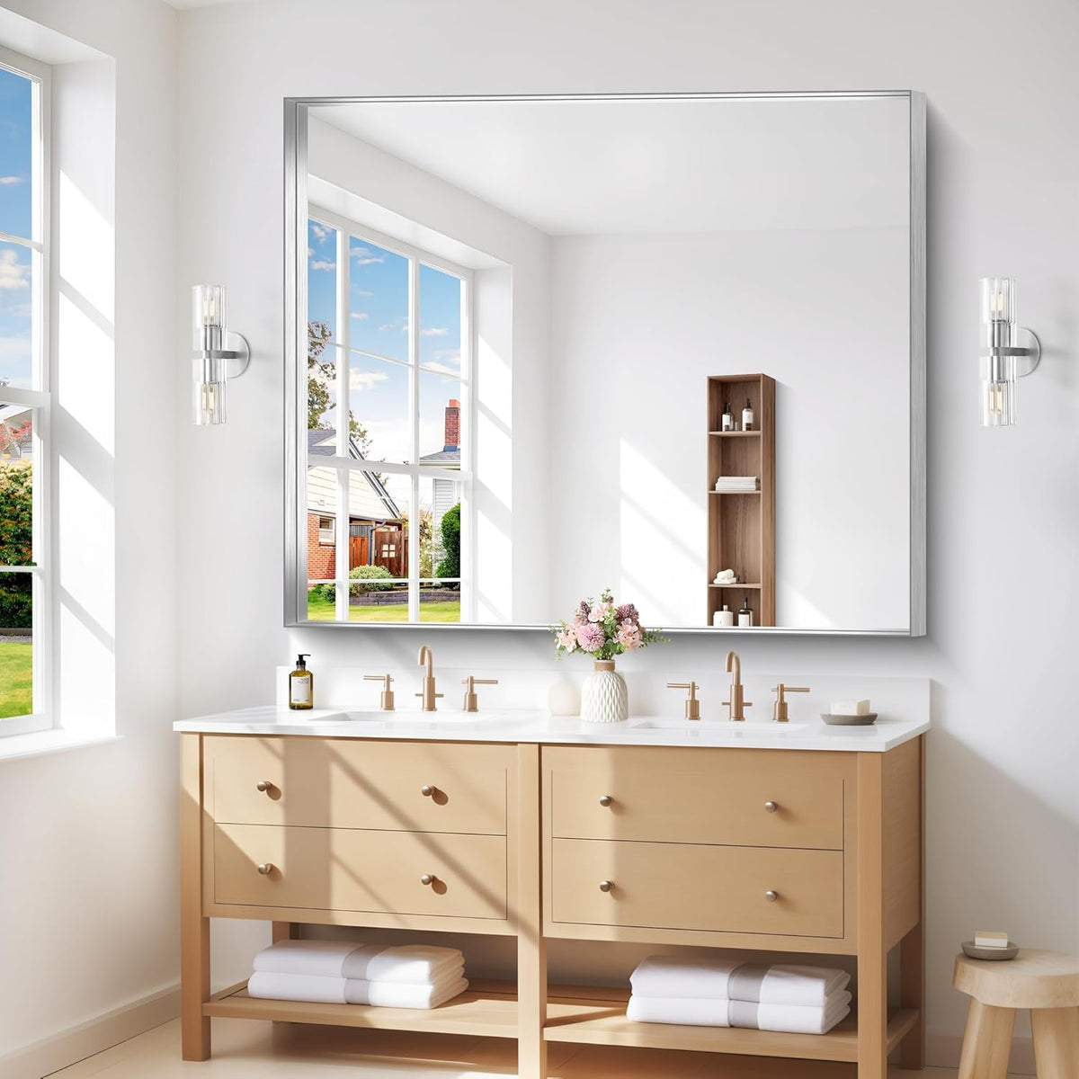 Silver Bathroom Mirror, 40x48 Inch Rectangular Framed Mirror, Large Wall Mounted Bathroom Vanity Mirror Over Sink for Bedroom,Restroom, Living Room, Hangs Vertically or Horizontally