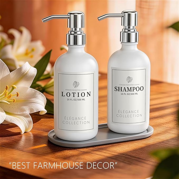 White Glass Soap Dispenser Set of 2, 16oz Hand and Dish Soap Dispenser for Kitchen & Bathroom, Silver Stainless Steel Pump, Non-Slip Base, 14 Waterproof Labels, Minimalist Decor