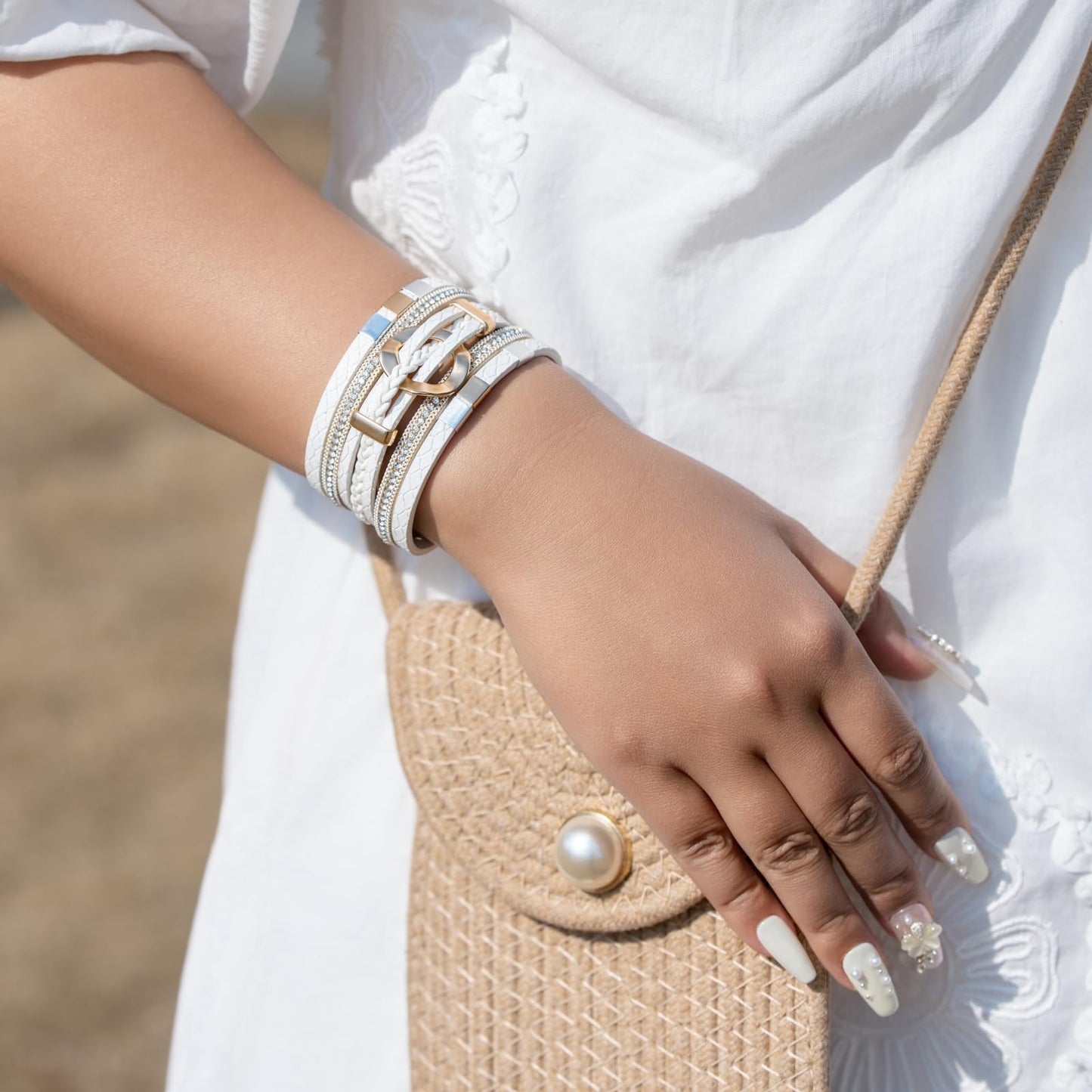 FANCY SHINY Boho Leather Wrap Bracelets Circle Square Bead Braided Handmade Stackable Bracelet Trendy Cuff Bangle for Women(White)