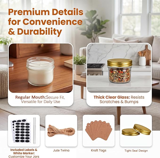 QAPPDA 4oz Glass Jars With Lids,Small Mason Jars Wide Mouth,Mini Canning Jars With Gold Lids For Honey,Jam,Jelly,Wedding Favor,Shower Favors,Spice Jars For Kitchen Storage & Home,Set of 40