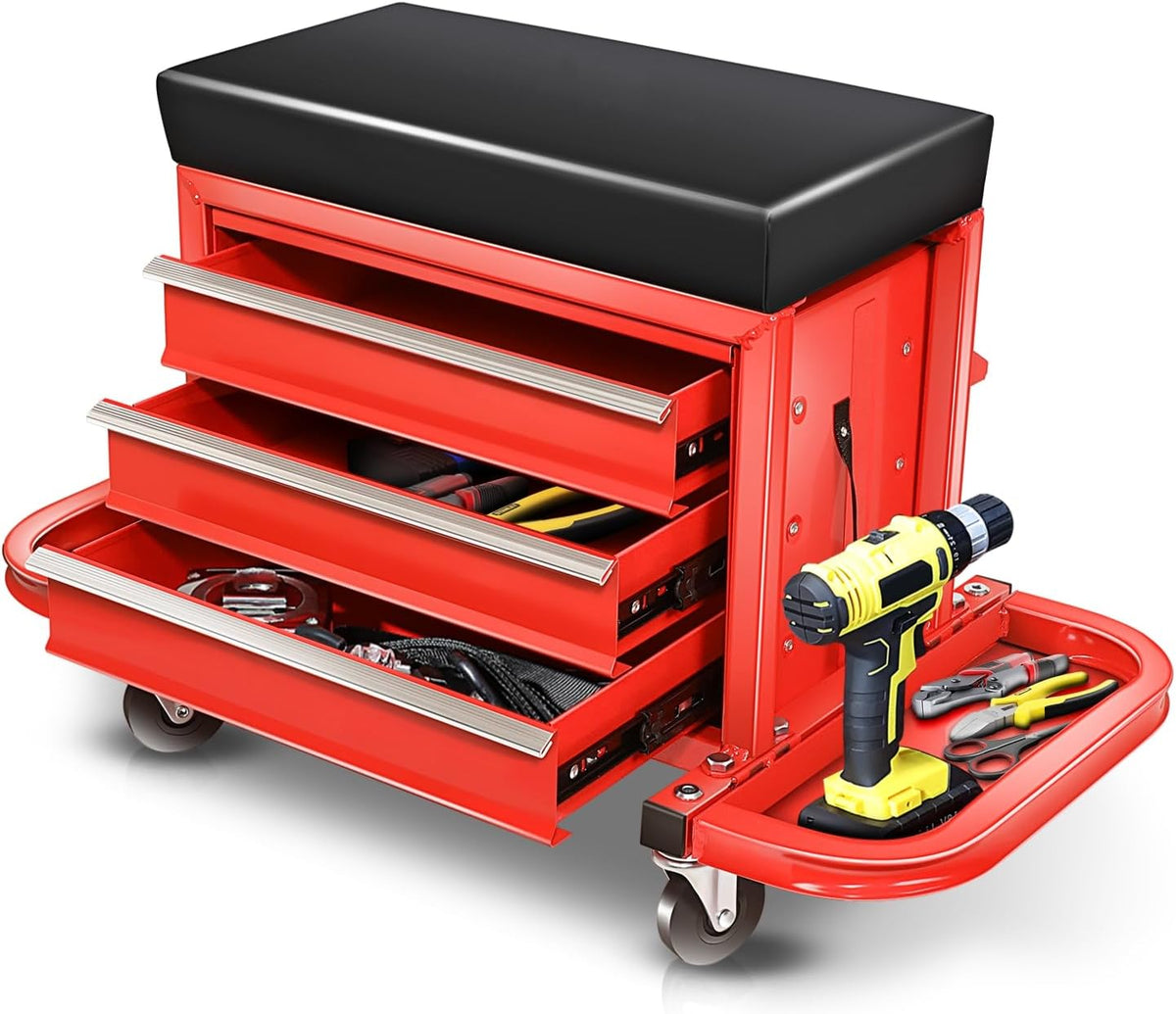 Auto Dynasty 3-Drawer Mechanic Rolling Seat, 350 LBS Capacity Roller Garage Shop Seat with Storage Tool Tray for Workshop, Repair Shop, Warehouse, Red