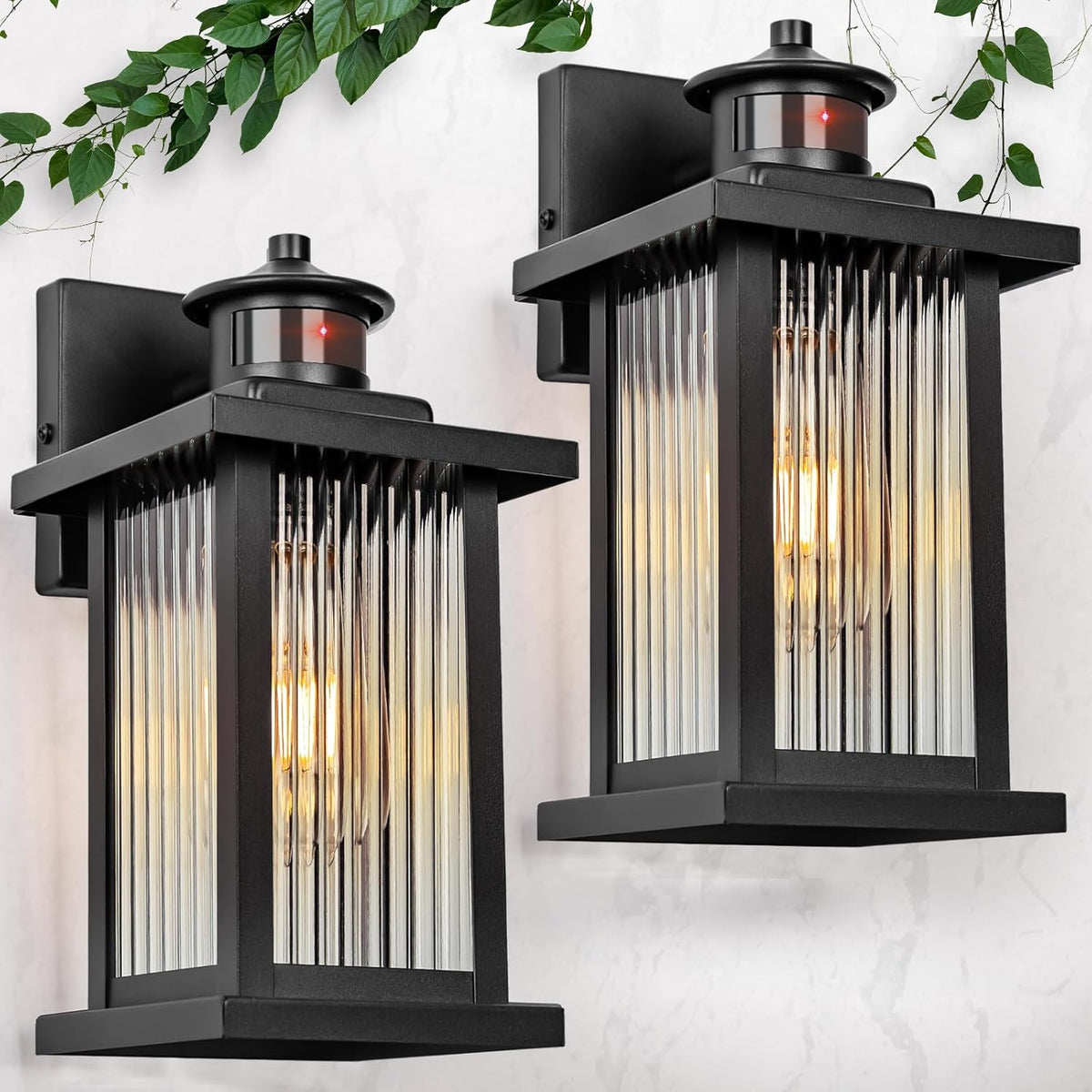 Porch Lights Outdoor Motion Sensor 2 Packs, Black Dawn to Dusk Outdoor Wall Light Fixture, Exterior Motion Sensor Light with Glass Shade, Rust Proof Motion Sensing Front Porch Light