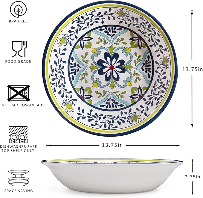 Talavera Melamine Large Serving Bowl, 13.75" x 2.75" Mixing, Pasta Serving Bowls set of 2,100% Melamine Soup Bowl Salad Bowl Fruit Bowls,Lightweight and Unbreakable…