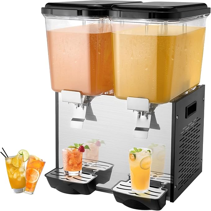 VEVOR Commercial Beverage Dispenser, 2 Tanks 18 L / 19 QT Per Tank Juice Dispenser, 370W Stainless Steel Ice Tea Drink Machine with 45°F-54°F Cooling Temperature, for Cold Drink Restaurant Bar Party