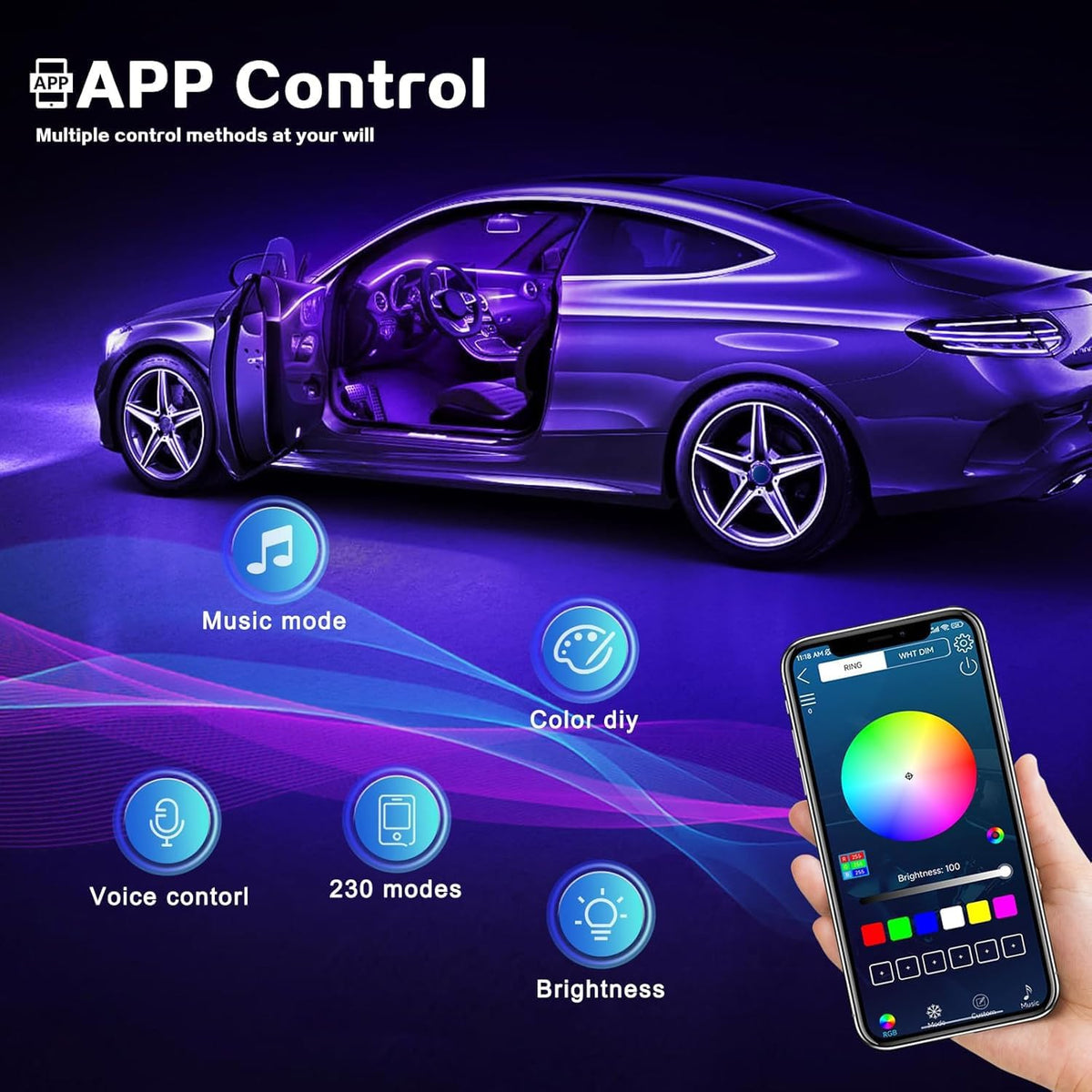 Acrylic Interior Car LED Strip Light with Wireless APP, 10 in 1 with 175 inches 593 LEDs Neon LED Strip Light, RGB Colors Dynamic Music Sync Car Ambient Lighting Kits
