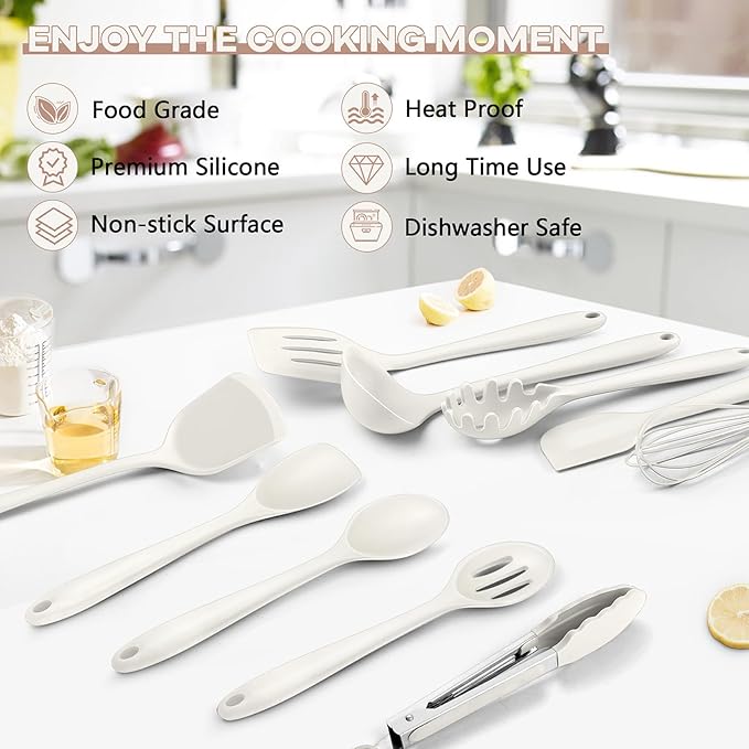 TeamFar Kitchen Cooking Utensils, 10 pcs Silicone Cooking Utensils Set, 446°F Heat Resistant Kitchen Gadgets Tools Set w/Spatula, Turners, Spoons, Soup Ladle, Pasta Server for Nonstick Cookware, White