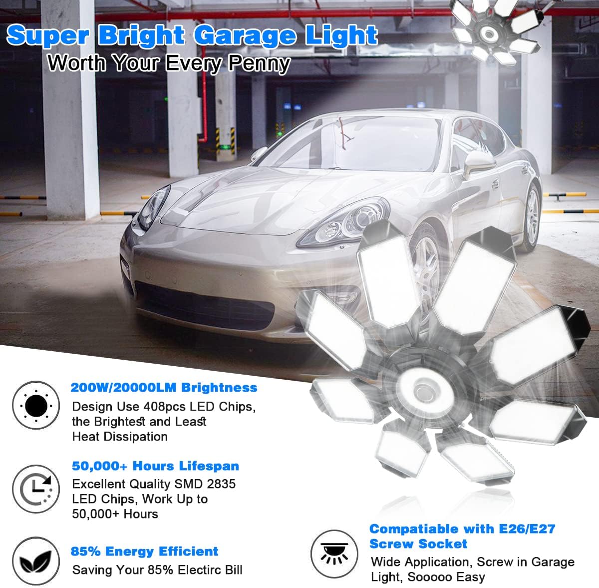 Garage Lighting - 80000LM Super Bright 6500K Garage Lights Ceiling Led w/ 8 Deformable Panels Compatible for E26/E27 Screw in Garage Light Bulb for Shops Barn Basement Attic - 4Pack