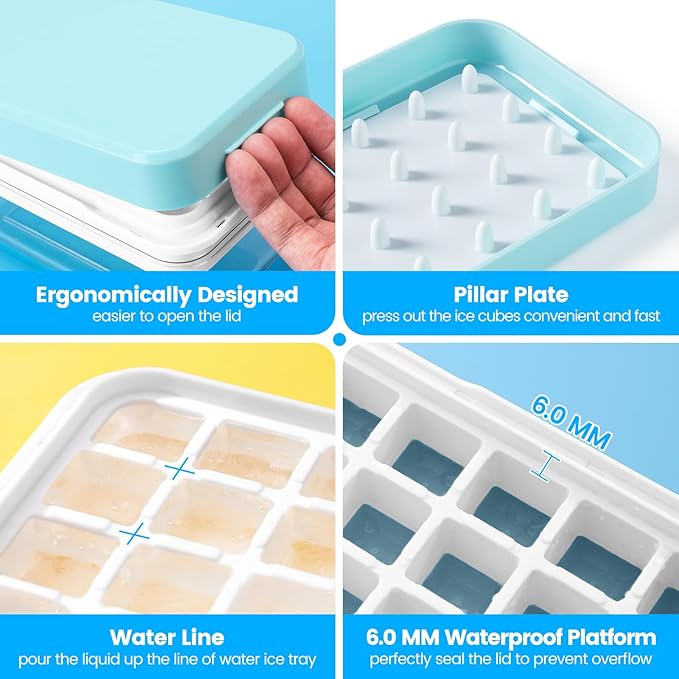 Ice Cube Tray with Lid and Bin, PHINOX 84 pcs Ice Trays for Freezer, Ice Cube Trays for Freezer with 3 trays, Container, Lid & Ice Scoop, BPA Free
