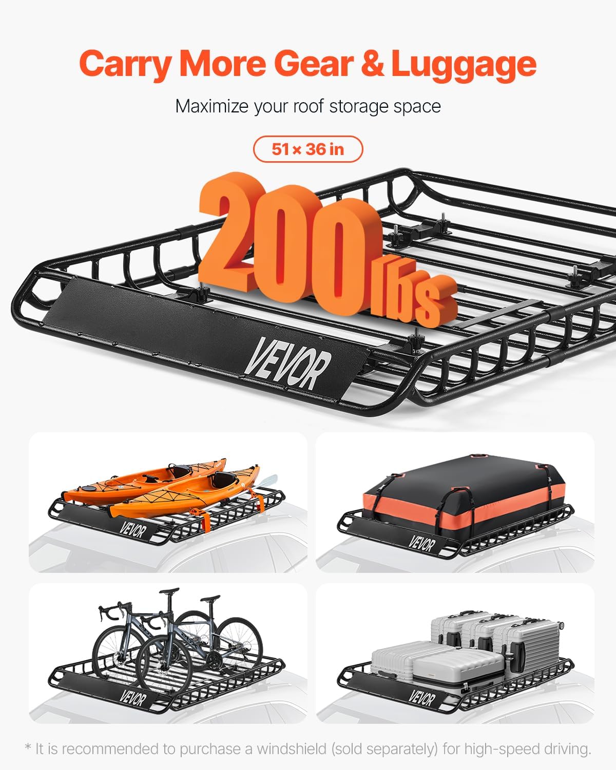 VEVOR Roof Rack Basket, 51 x 36 x 4.1 in, Universal Rooftop Cargo Carrier with 1120 x 870 x 260 mm Cargo Bag, Net, Ratchet Straps, 200 lbs Max Load Capacity Car Top Luggage Holder, for SUV Truck Car