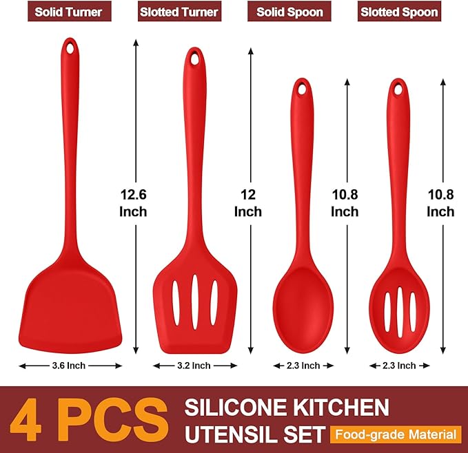 P&P CHEF Kitchen Utensil Set, 4 Pieces Non-stick Silicone Cooking Utensils, Heat-resistant Slotted Solid Spoon Turner for Frying, Mixing, Serving, Non-toxic & Easy to Clean, Red