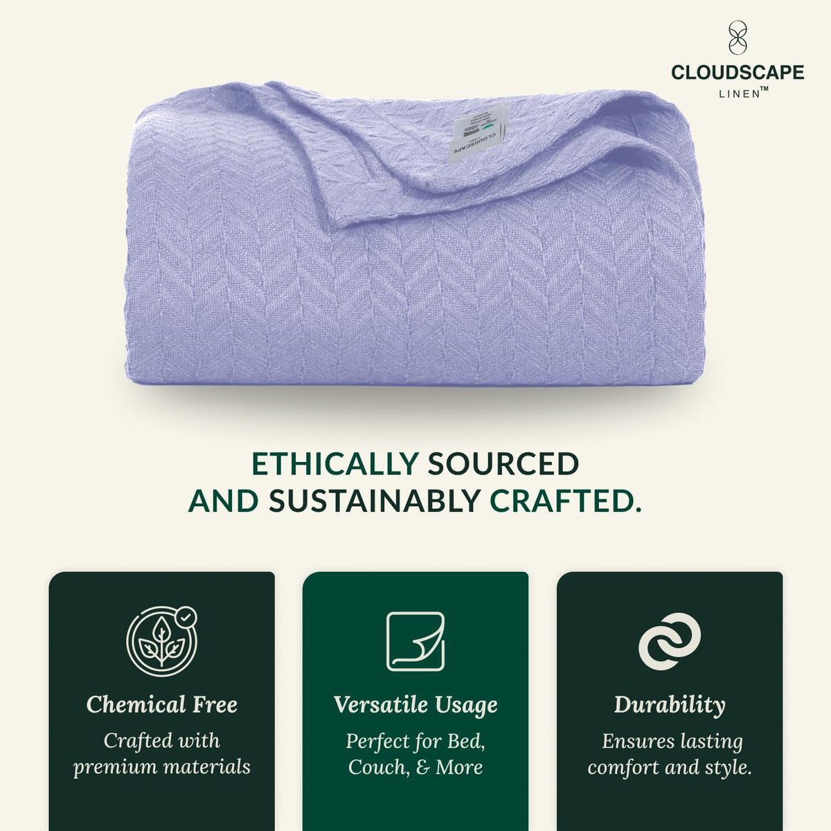 Cloud Scape Linen 100% Cotton Queen Size Blanket, Herringbone Pattern, Lightweight Summer Blanket,Best Gifts for Women, fits Full Size Bed, 92 x 92, Lavender Blue