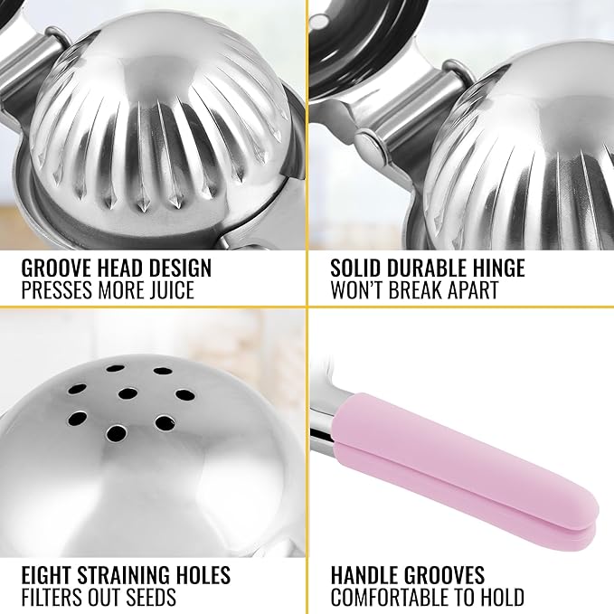 Zulay Kitchen Lemon Squeezer Stainless Steel with Premium Heavy Duty Solid Metal Squeezer Bowl and Food Grade Silicone Handles - Large Manual Citrus Press Juicer and SS Lime Squeezer (Pink)