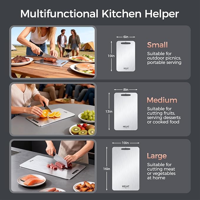 Titanium Cutting Board Set of 3, 100% Pure Titanium Cutting Boards for Kitchen, Non-Toxic, Double-Sided Chopping Boards for Raw & Cooked Food, Handles Included, Dishwasher Safe(10” x 6”)