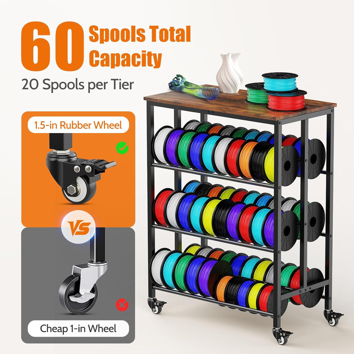 3D Printer Filament Cart, 2 Rows Filament Storage Rack Shelf for PLA/TPU/ASA/Nylon Filament Metal Storage Rack with Storage Board, 3D Printer Accessories for Workshop Garage Office Storage Tire Rack