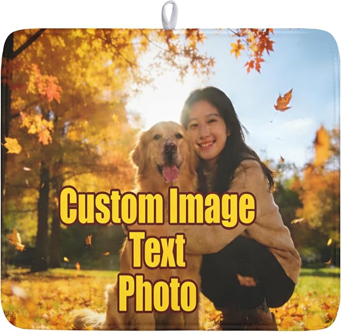 Personalized Dish Drying Mat for Kitchen Counter,Customized Drying Mats with Photo Text Image 16 x 18 Inch with High Absorbent Microfiber Drainer Mat for Coffee Bar