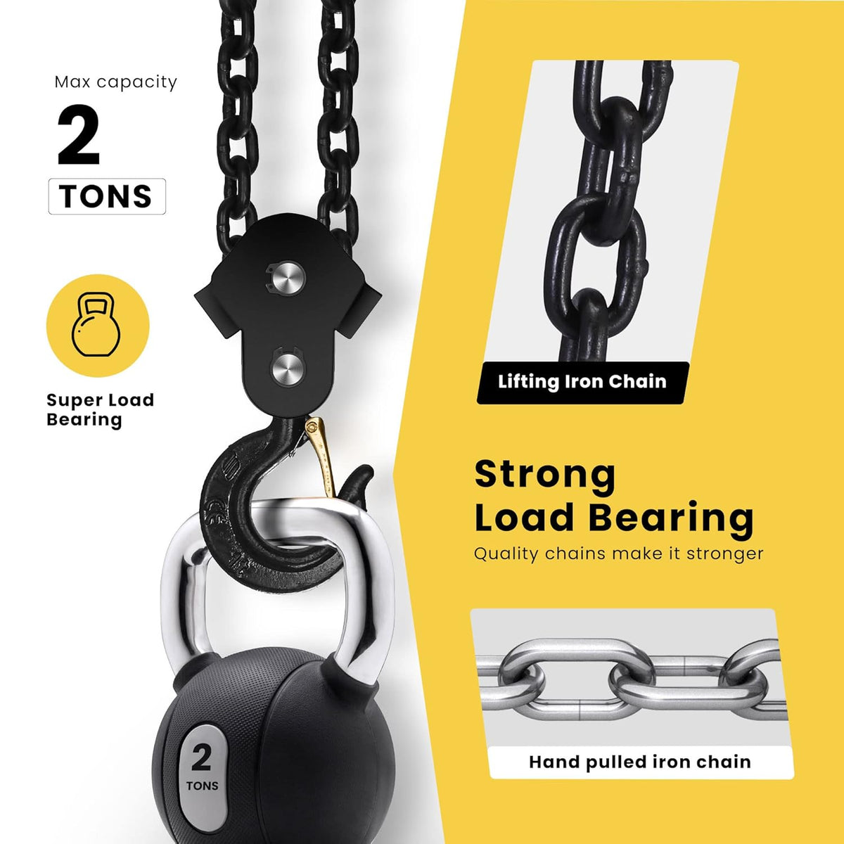 SPECSTAR Hand Chain Hoist 2 Ton 4400 Lbs Capacity 10 Feet with 2 Heavy Duty Hooks, Manual Chain Fall for Warehouse Building Automotive Machinery Red
